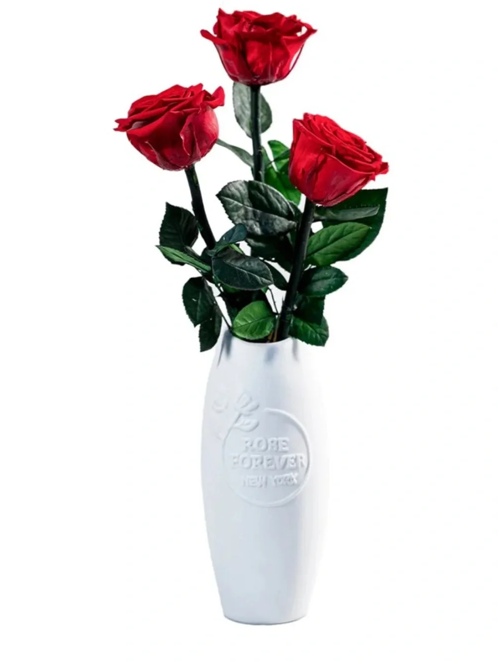 Long Fleur Rouge - 3 Long-stemmed Red Roses in a White Vase.